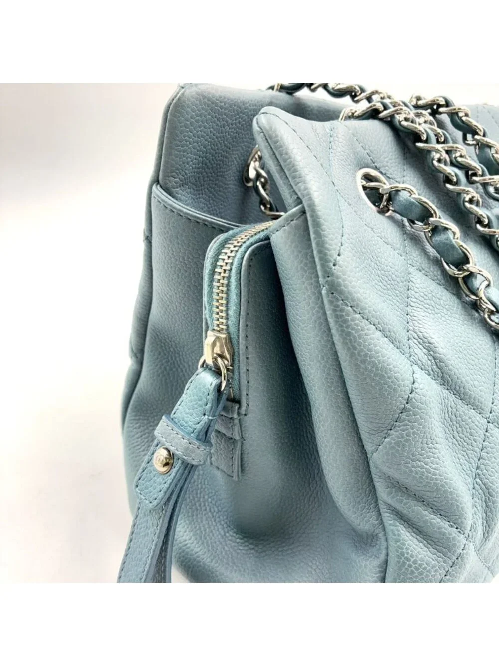 Chanel CC Logo Quilted Caviar Leather Blue Chain Shoulder Bag Silver